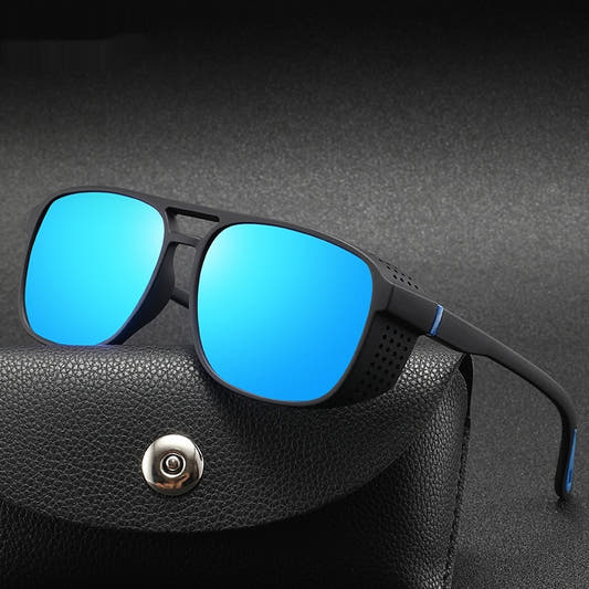 Polarized sunglasses with blue mirrored lenses and black frame, padded nose bridge