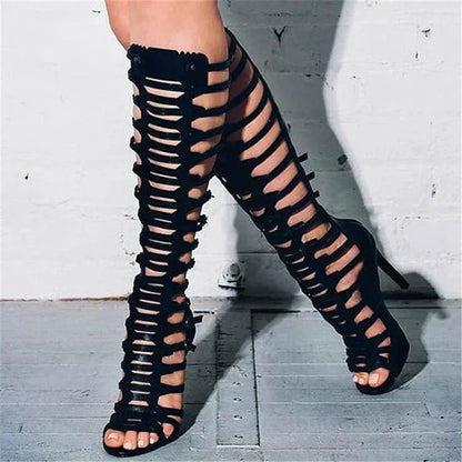 Gladiator Knee-High Stiletto Sandals - YAXSO