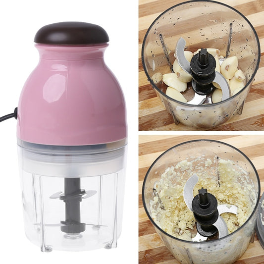 Pink hand blender with food processor attachment on a white background