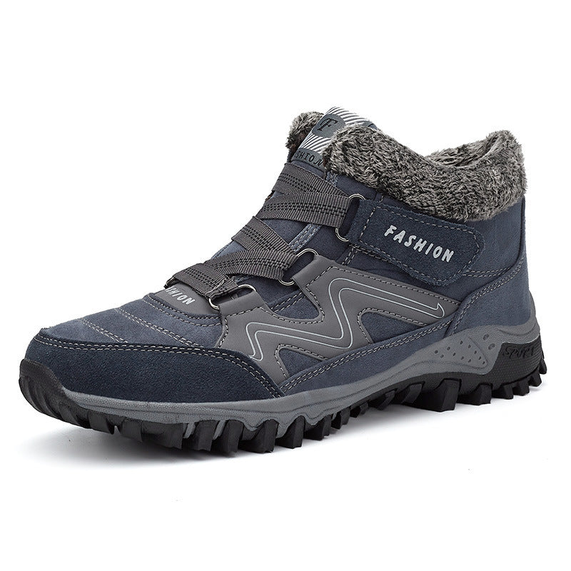 Mid-cut casual sports shoes with thick sole, dark blue upper with gray accents and fuzzy collar.