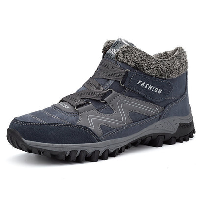Mid-cut casual sports shoes with thick sole, dark blue upper with gray accents and fuzzy collar.