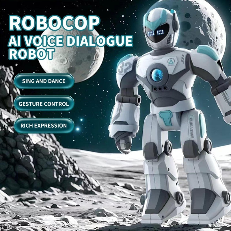 Robotic figure on a moon-like surface with text about AI voice dialogue robot features.