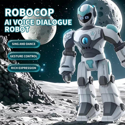 Robotic figure on a moon-like surface with text about AI voice dialogue robot features.