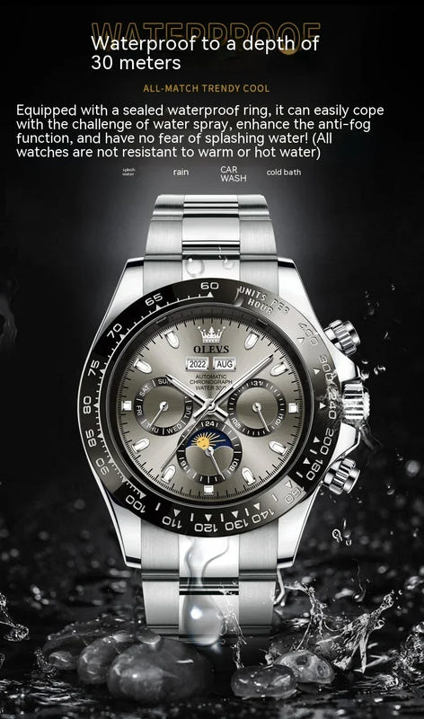 Silver stainless steel mechanical wristwatch with multi-dial face and bracelet
