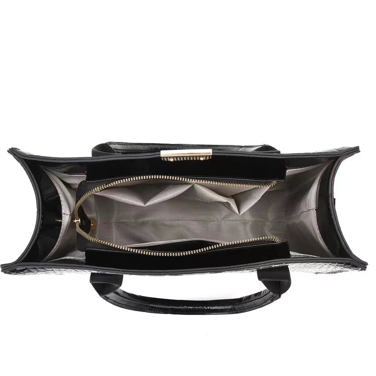 Open tote bag set interior with zip pocket, top handles, and structured base