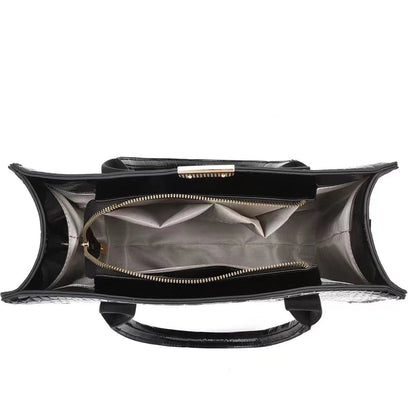 Open tote bag set interior with zip pocket, top handles, and structured base