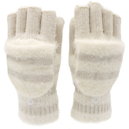 Pair of beige and white striped fingerless gloves on a white background