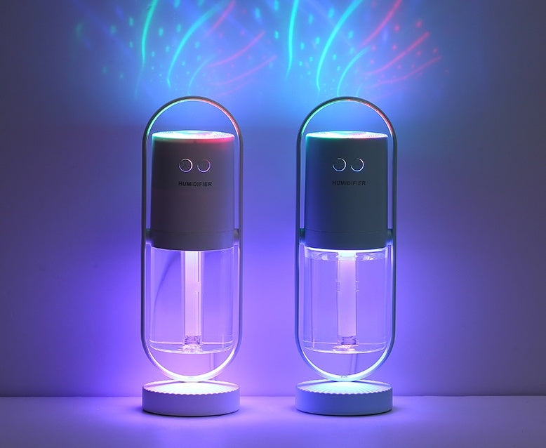 Two colorful portable lights with a gradient of blue to purple background