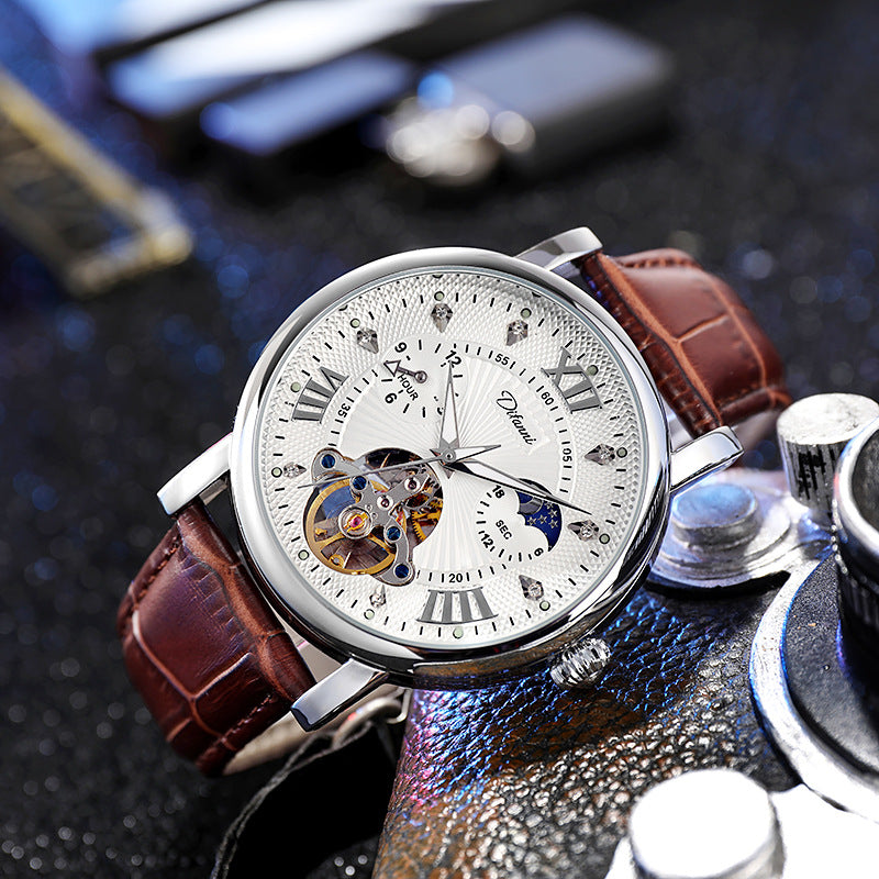 Luxury wristwatch with a brown leather strap on a dark textured background