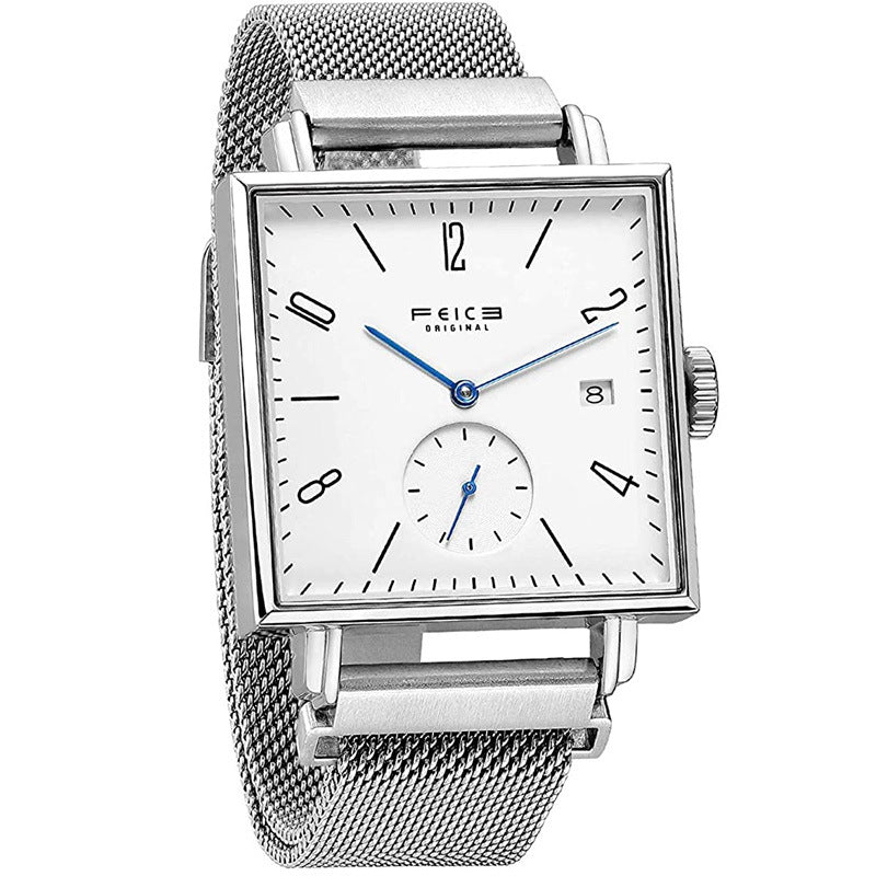 Automatic square mechanical watch, silver case, white dial, silver mesh strap
