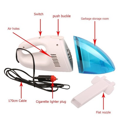 Handheld vacuum cleaner with labeled parts on a white background