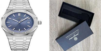 Silver quartz wristwatch with blue dial and metal link bracelet, round metal case.