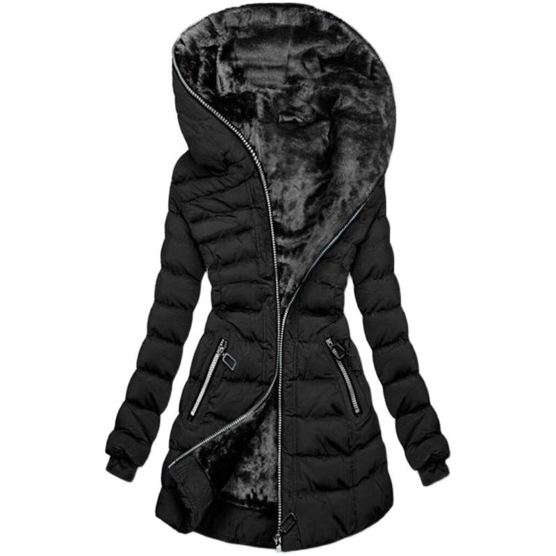 Black hooded quilted jacket with long sleeves and zip front; plush velvet lining.