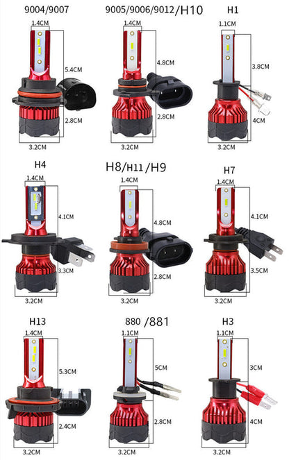 Universal LED headlight bulb with mini cooling fan, red and black, multiple views