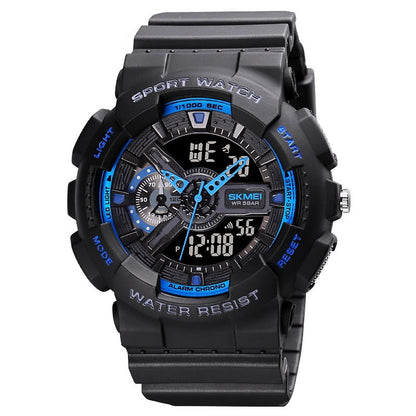 Black and blue sport watch with digital and analog display on a white background