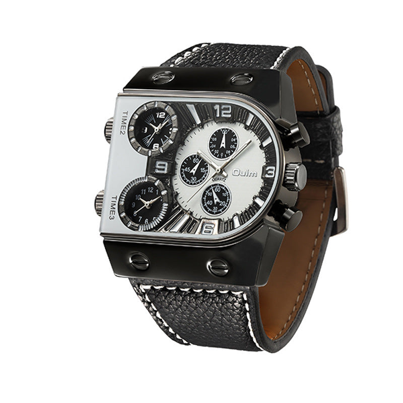 Black wristwatch with a detailed face on a white background