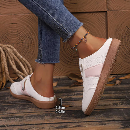 White round-toe sneakers with pink side panel, lace-up, thick gum sole