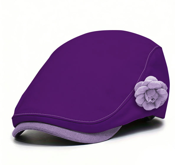 Purple fabric beret with gray flower accent and light purple brim trim.