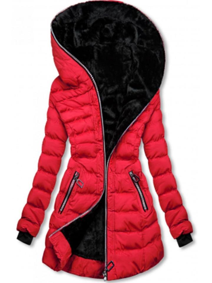 Red hooded quilted jacket with long sleeves, zip front, and plush velvet lining.