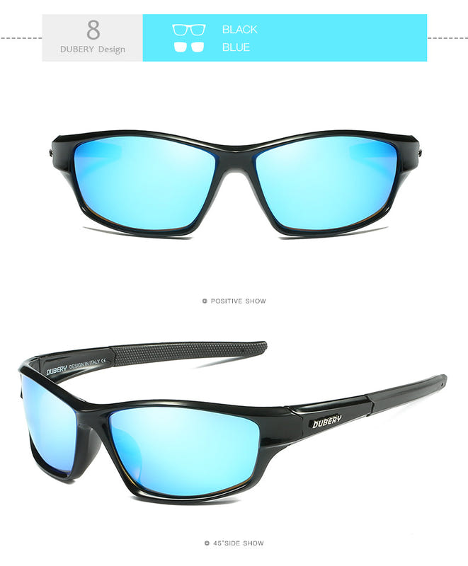 Men's polarized sports sunglasses, black frame, blue mirrored lenses