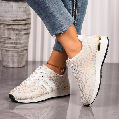 Leopard print lace-up sneakers in white with white laces and textured black outsole