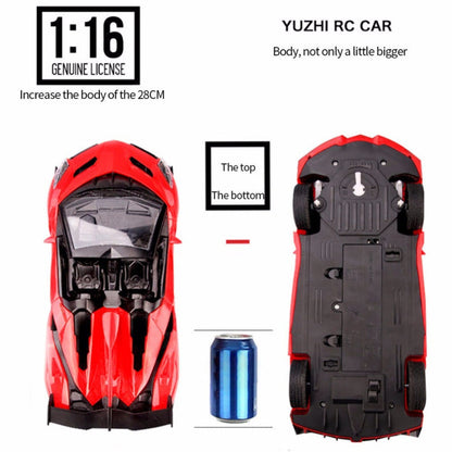 Remote control racing car toy, red and black body, front and rear views