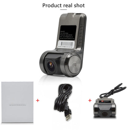 Black dash camera kit with USB cable and small included accessory box