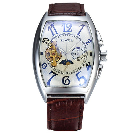 Sewor watch with brown leather strap and visible mechanical components on a white background