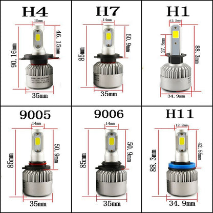 Comparison chart of different types of car headlight bulbs with dimensions.