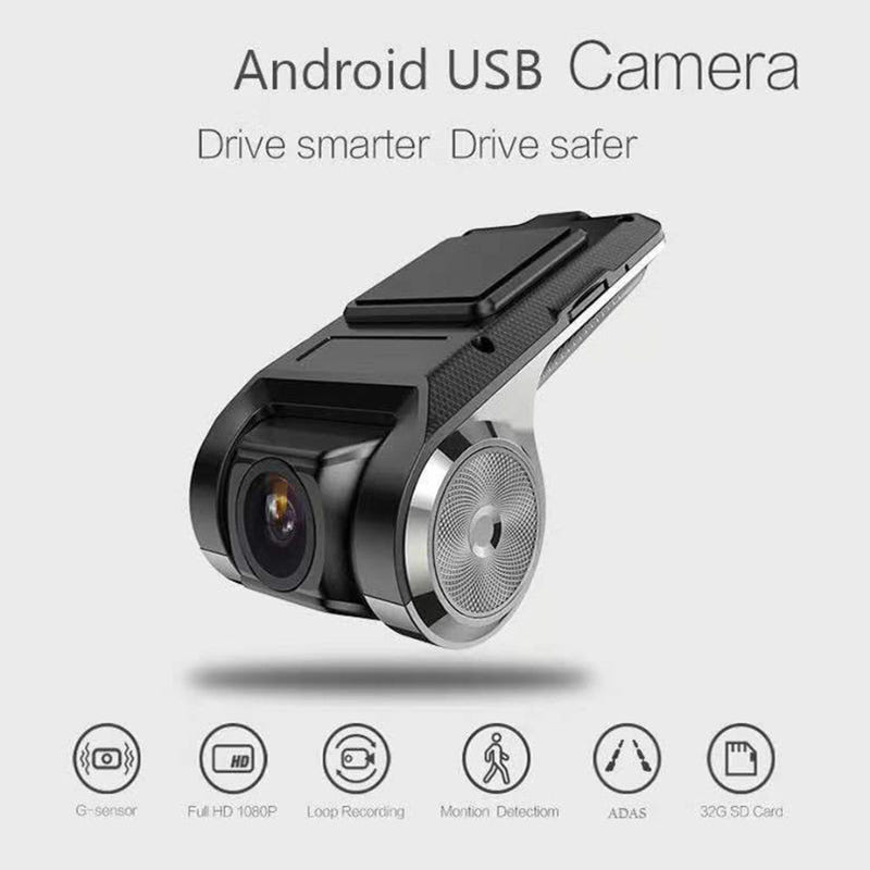 Black car dash camera with front lens and circular speaker grille