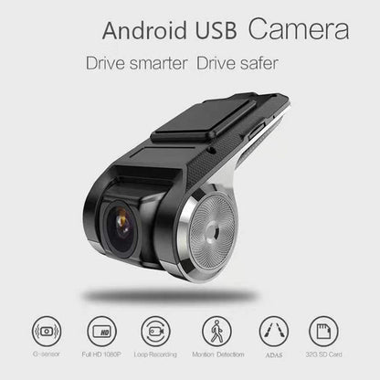 Black car dash camera with front lens and circular speaker grille