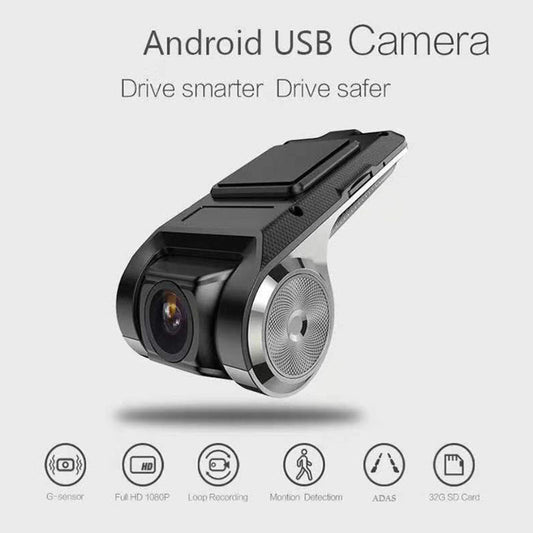 Black car dash camera with front lens and circular speaker grille