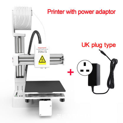 3D printer with power adapter on a white background