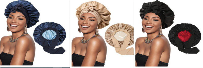 Set of satin bonnet caps in navy, beige, and black with gathered round ribbon tops