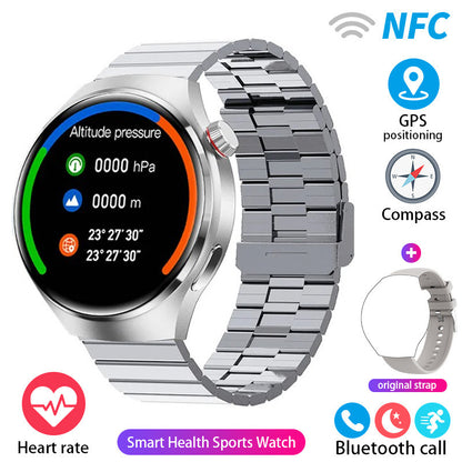 Silver smartwatch with round screen and silver metal link band