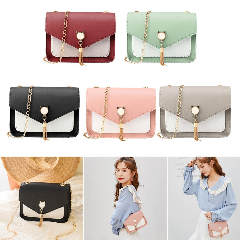 Collage of handbags in various colors with a woman wearing one of them.