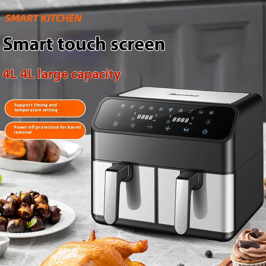 Smart touch screen air fryer with food items on a table