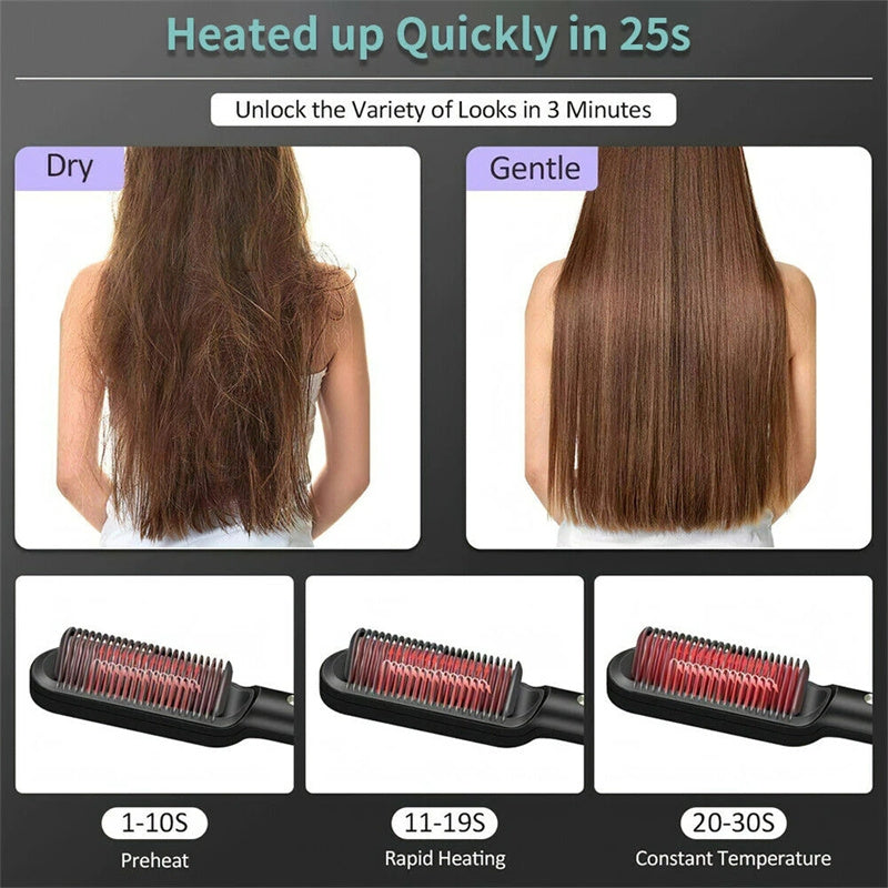 Hair straightening tool with before and after images of hair, showing different heat settings.