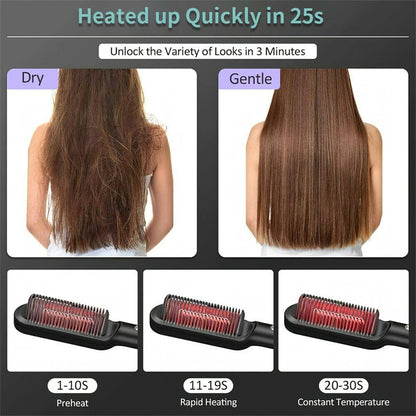 Hair straightening tool with before and after images of hair, showing different heat settings.