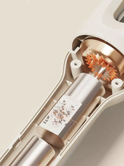 Beige curling iron open showing ceramic roller chamber and control label