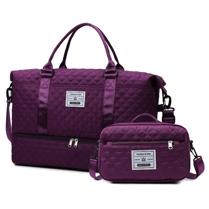 Purple quilted travel bag with front zip and matching crossbody pouch