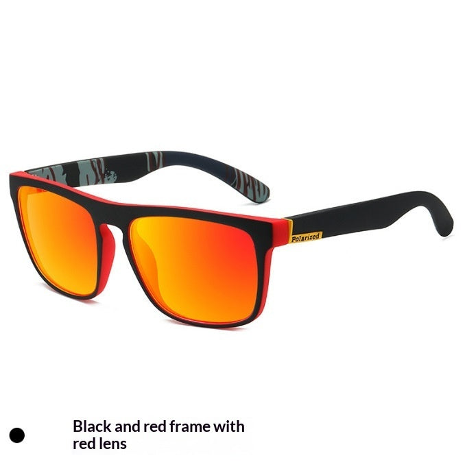 Sunglasses with black frame and red lenses on a white background