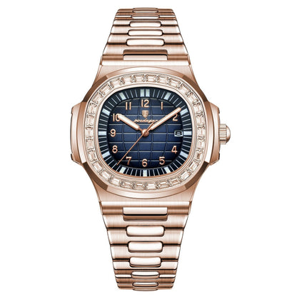 Quartz dress watch with rose gold tone bezel and bracelet, dark blue dial