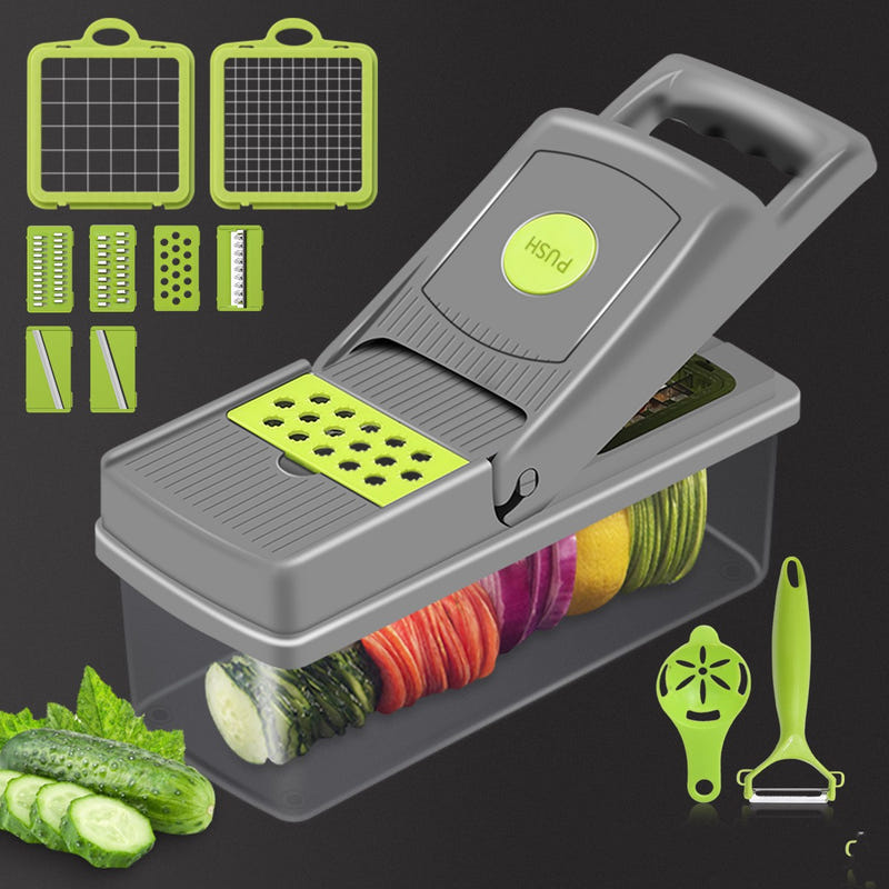 Multi-blade vegetable cutter with gray base and green grater-style inserts