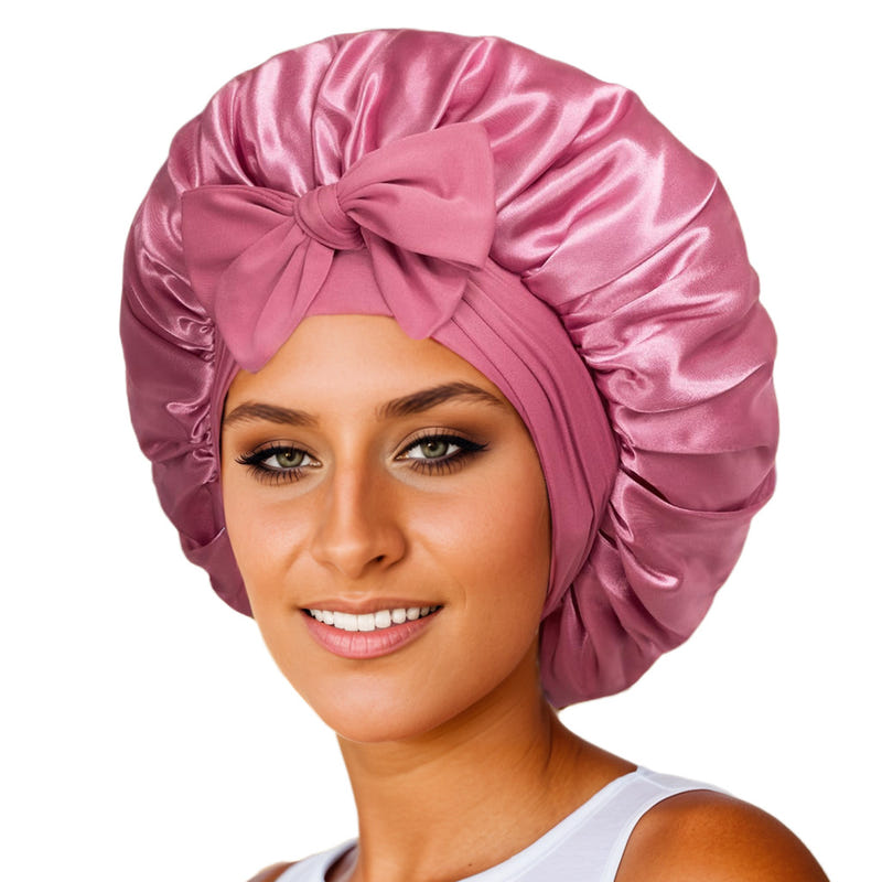 Satin ribbon round cap in pink satin, ruched bonnet with bow on top