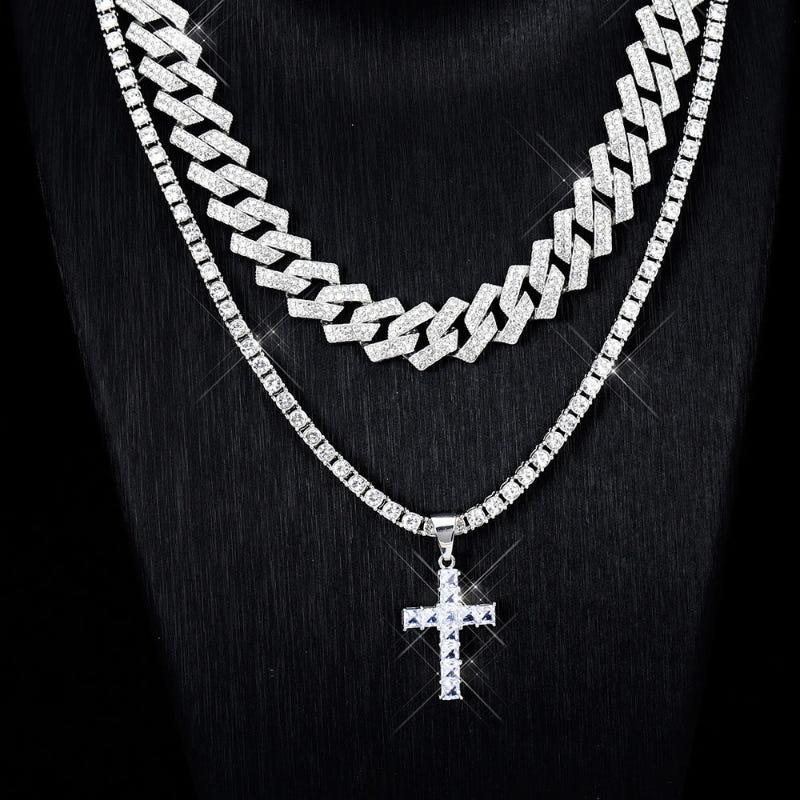 Silver zircon cross pendant necklace with layered tennis chains and sparkling link rows