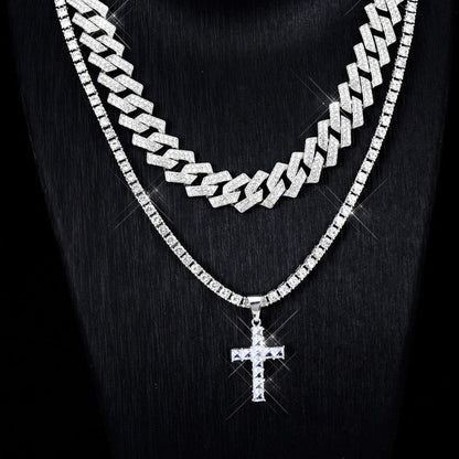 Silver zircon cross pendant necklace with layered tennis chains and sparkling link rows
