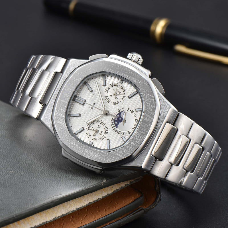 Men's stainless steel bracelet watch with white dial featuring moonphase subdial
