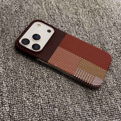 Magnetic iPhone case with red check pattern back, camera cutouts, and textured gradient stripe
