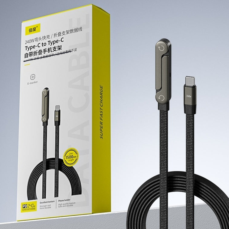 Black braided USB-C fast charging cable with foldable phone stand and retail box